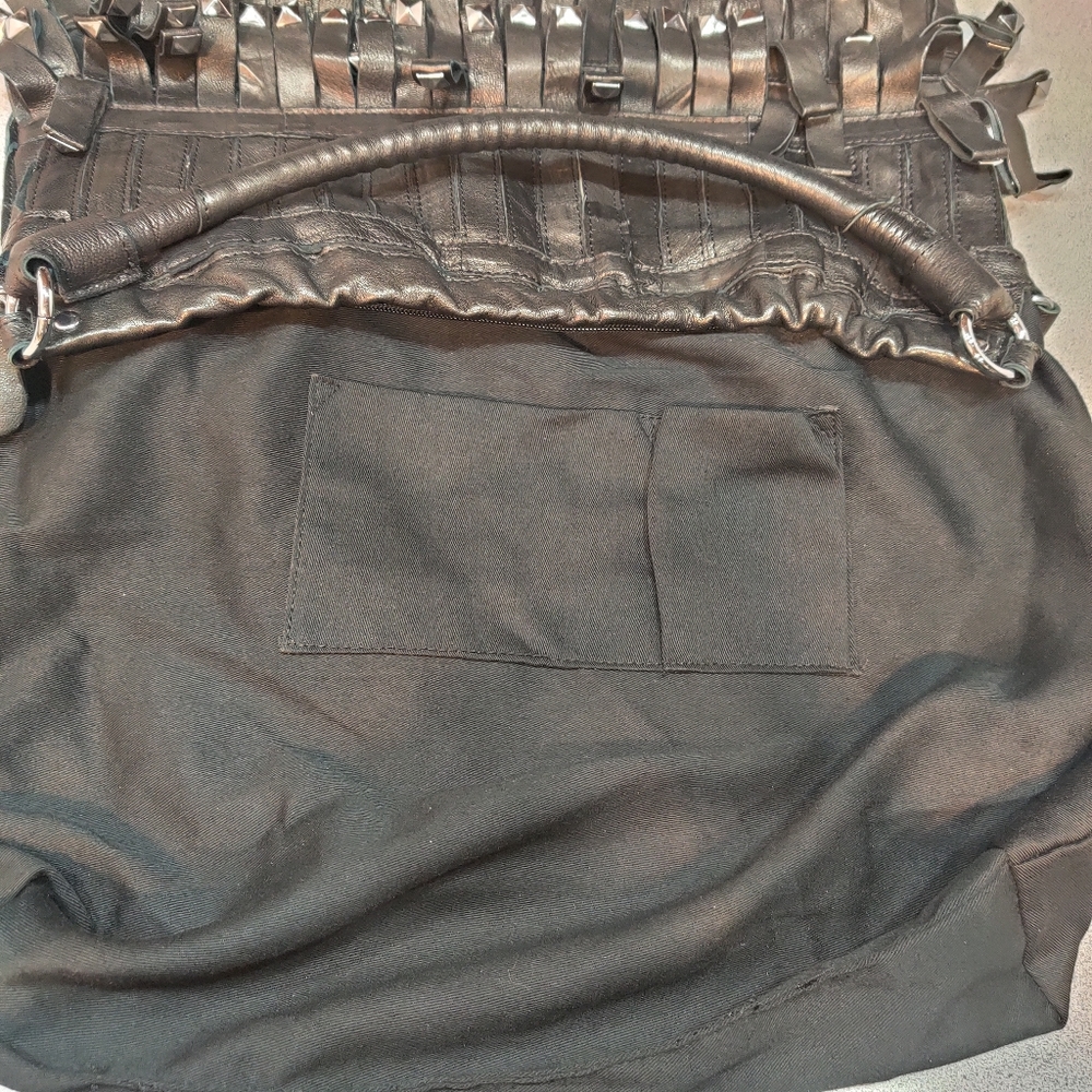 AmeriLeather Fringe Studded Leather Patchwork Hobo - Picture 7 of 8